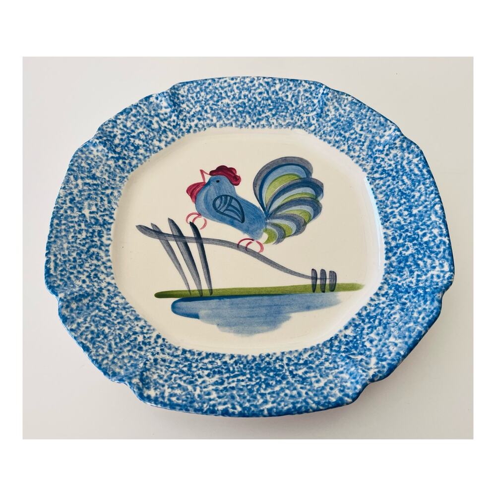 Rooster Large Dinner Plate and Bowl in Blue Stipple by Los Angeles Pottery